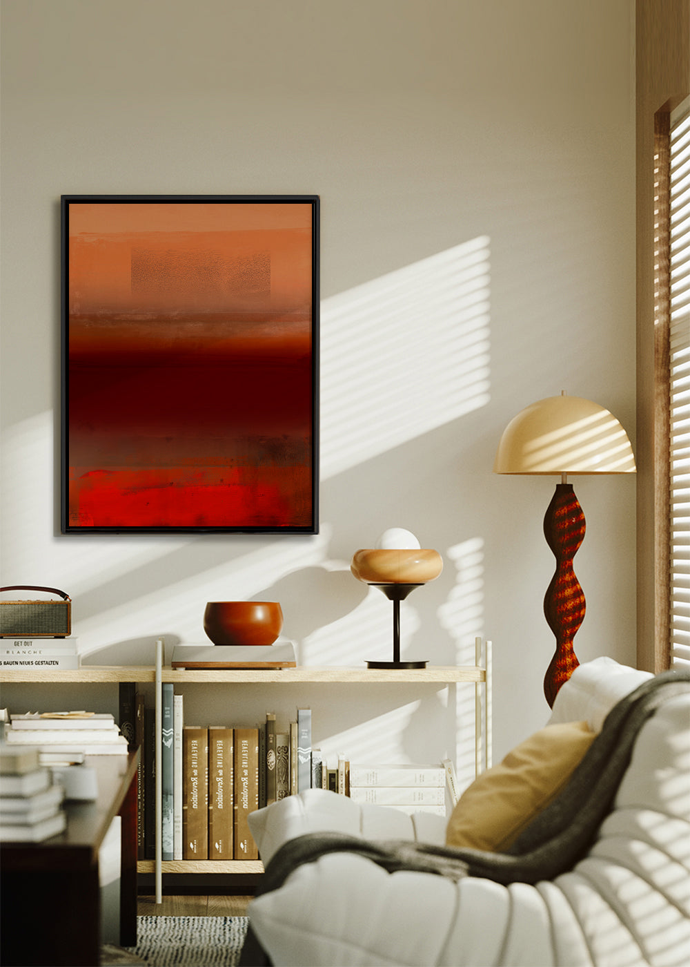 Quadro abstrato com camadas quentes laranja e vermelho