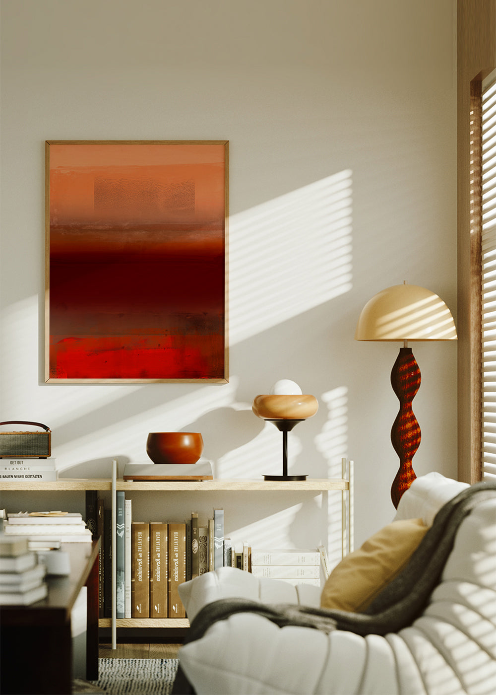 Quadro abstrato com camadas quentes laranja e vermelho