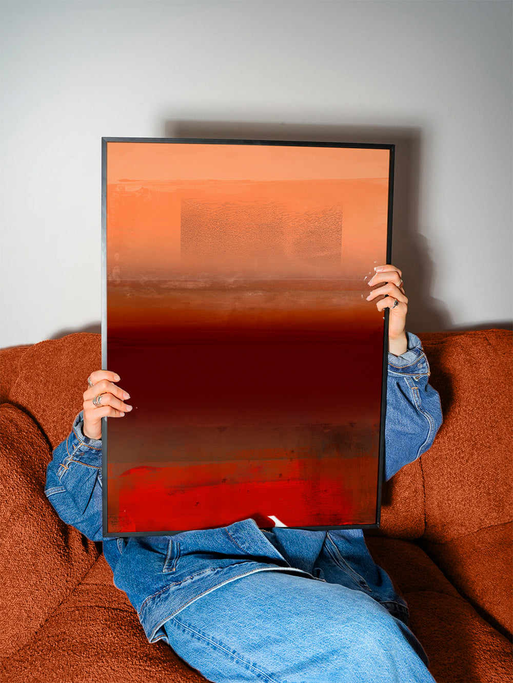 Quadro abstrato com camadas quentes laranja e vermelho