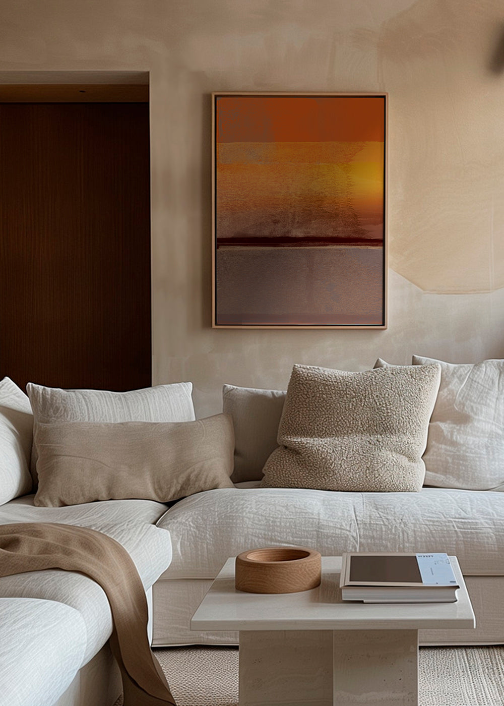 Obra abstrata em faixas laranja e castanhas