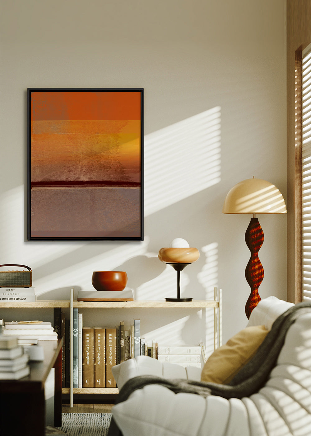 Obra abstrata em faixas laranja e castanhas