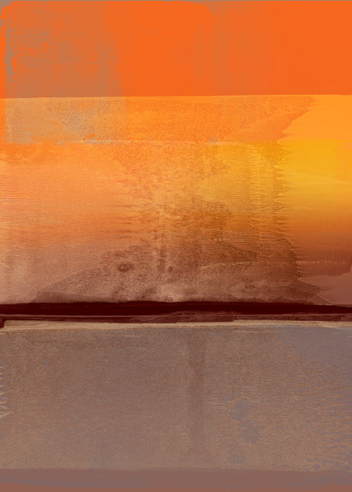 Obra abstrata em faixas laranja e castanhas