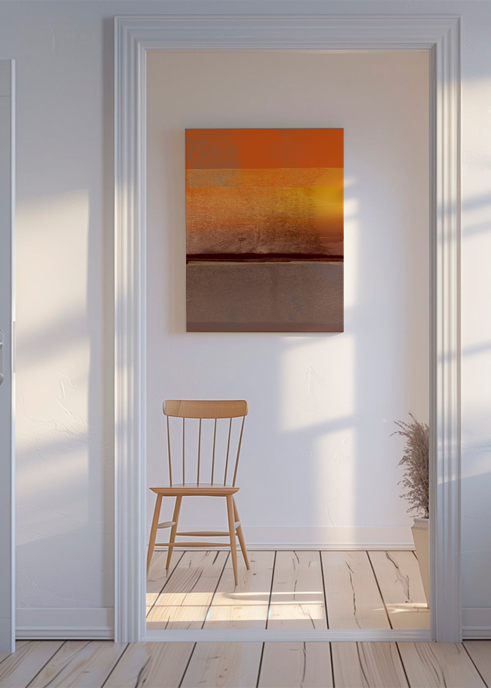 Obra abstrata em faixas laranja e castanhas