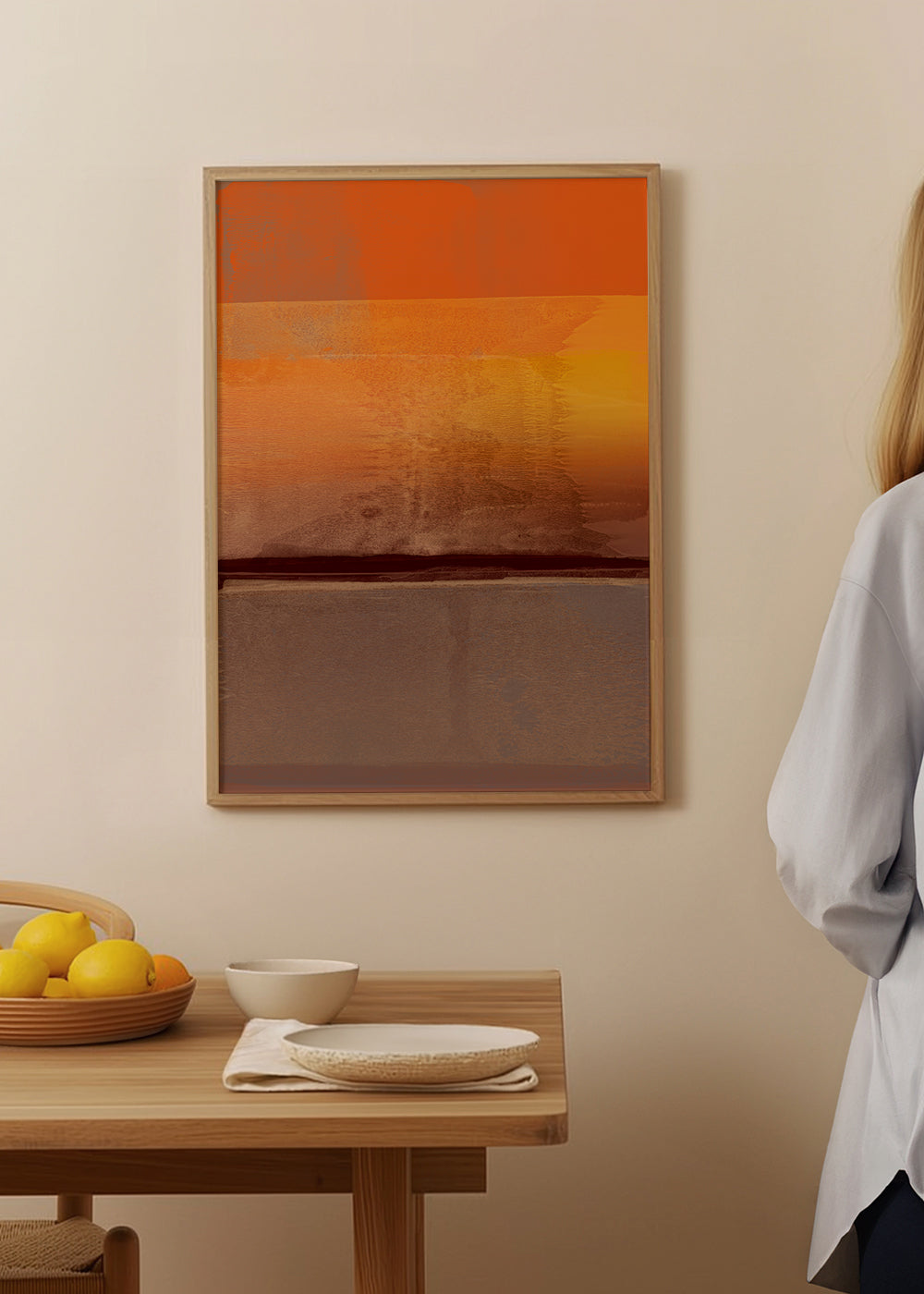 Obra abstrata em faixas laranja e castanhas