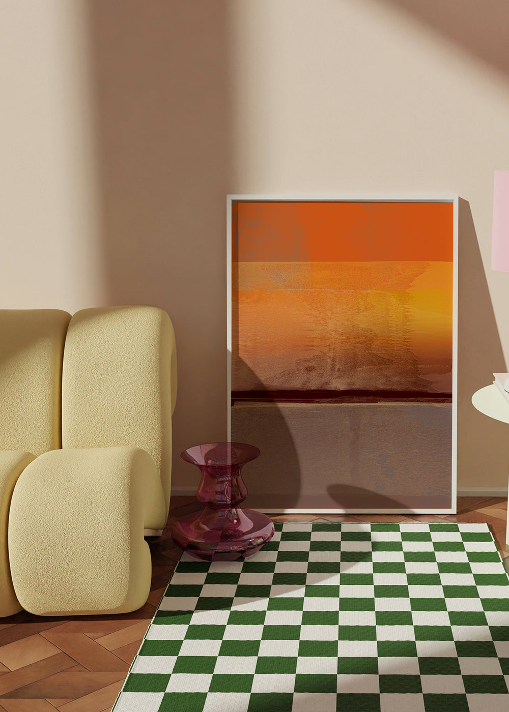 Obra abstrata em faixas laranja e castanhas