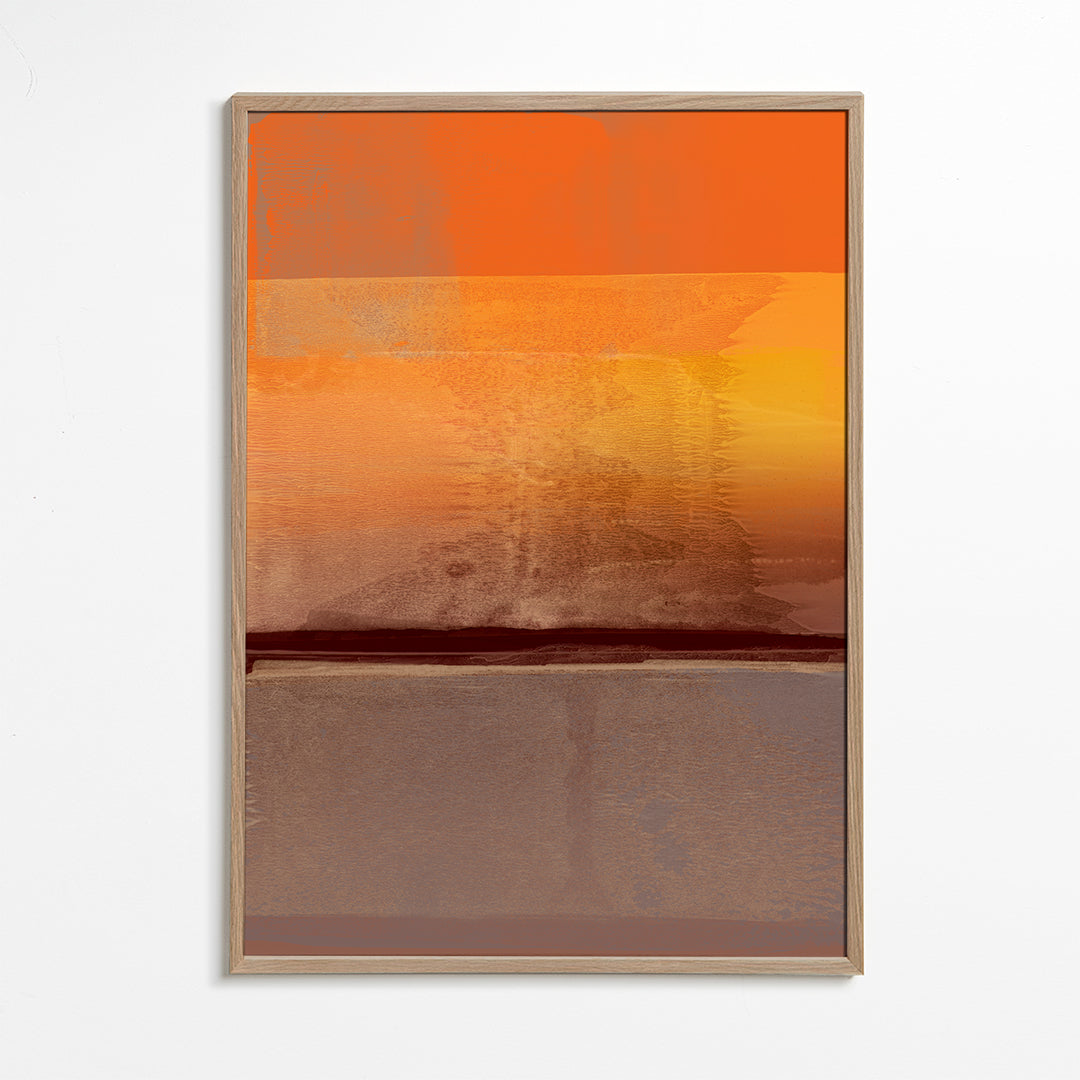 Obra abstrata em faixas laranja e castanhas
