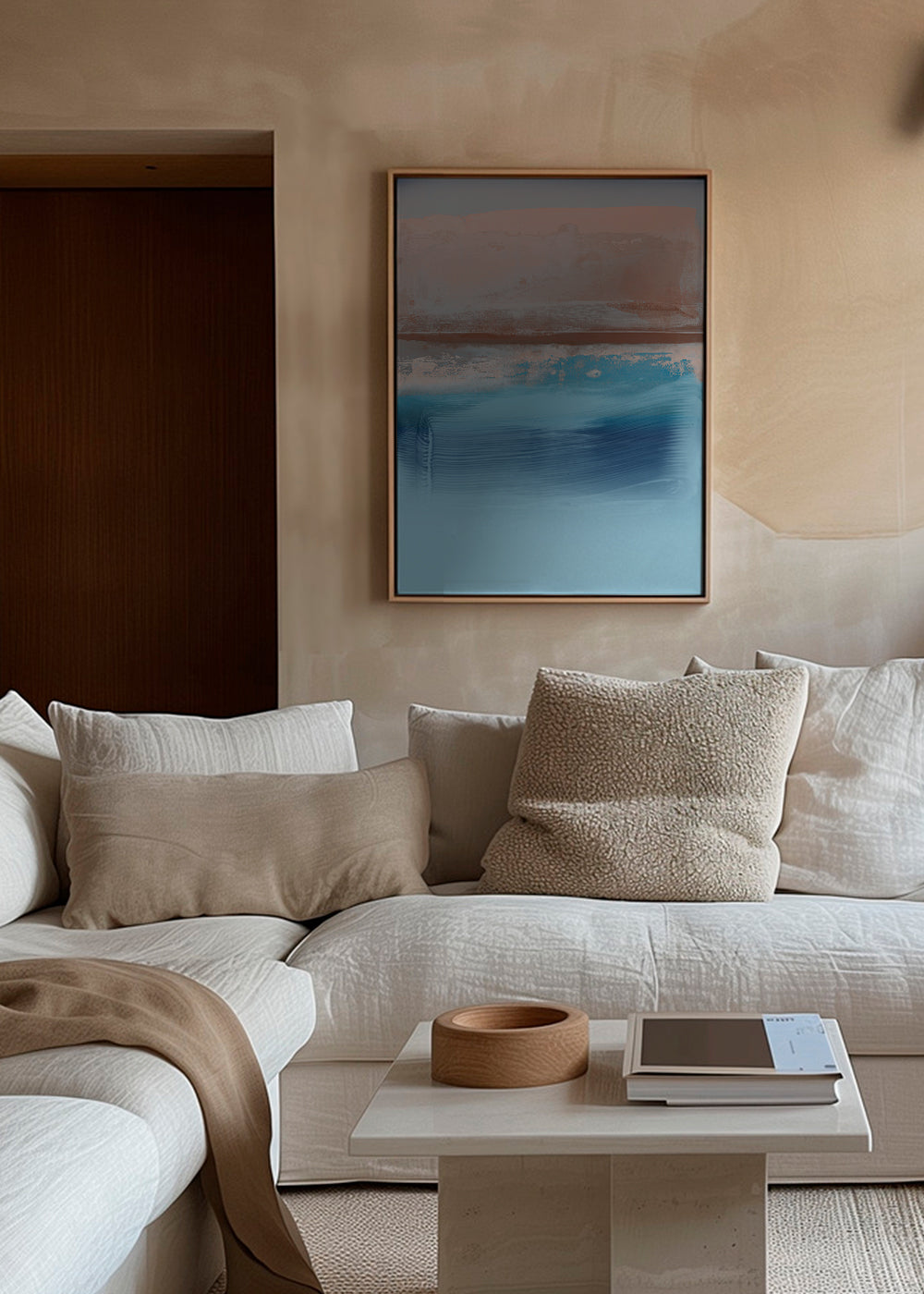 Quadro abstrato camadas azuis e terrosas