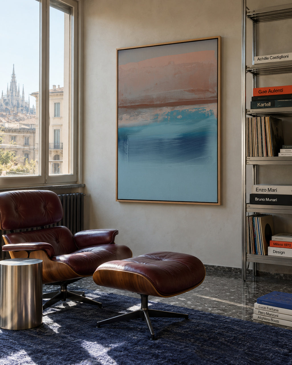 Organic Marks Brown & Blue - Framed canvas in an interior