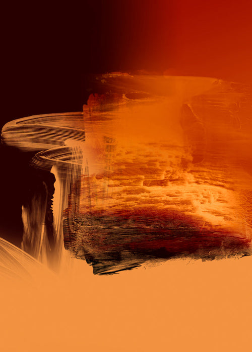 Obra abstrata laranja e vermelha com gestos pictóricos