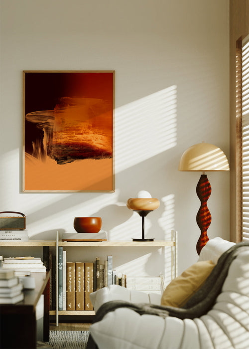 Obra abstrata laranja e vermelha com gestos pictóricos