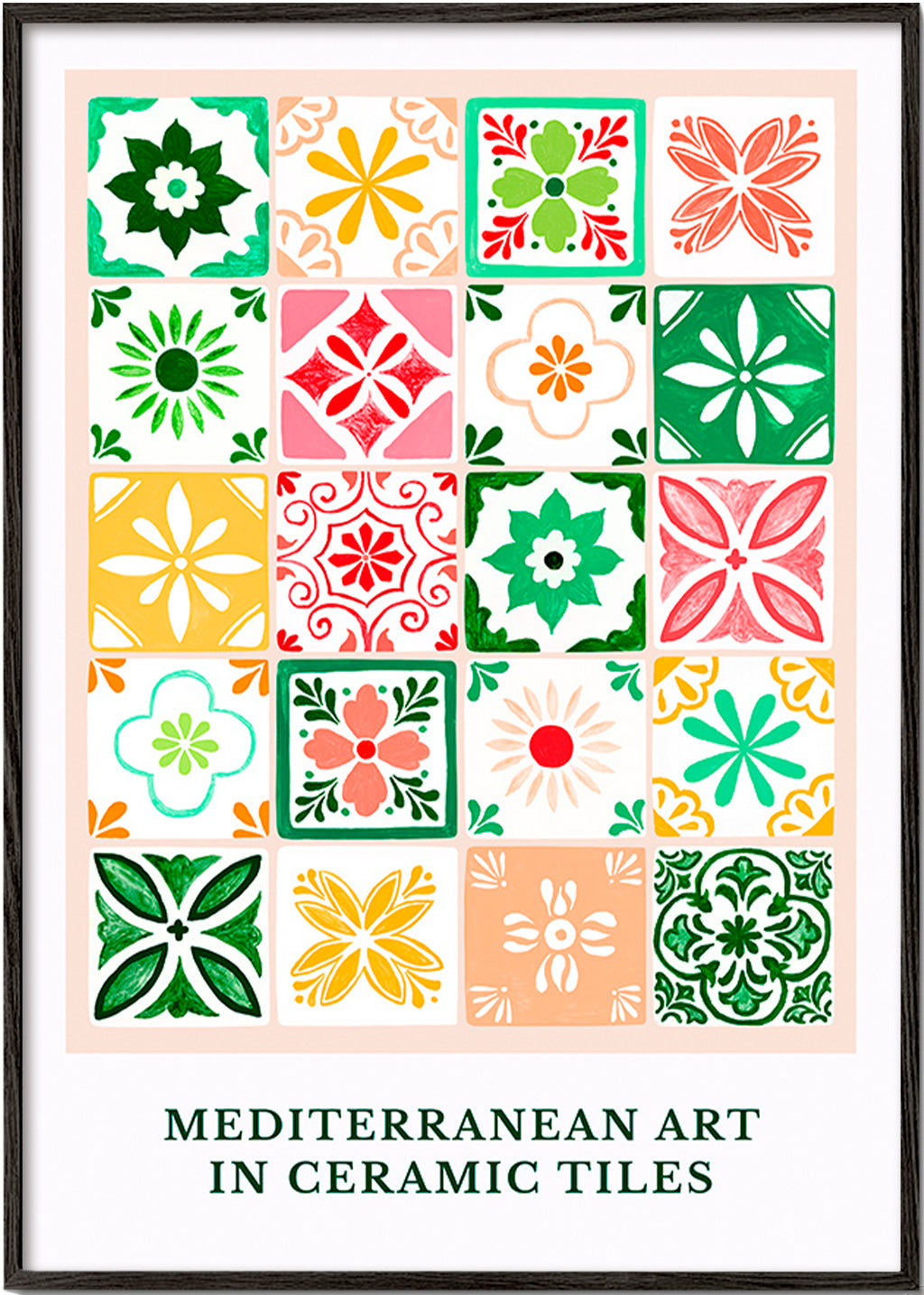 Estampa botânica com motivos de azulejos mediterrâneos