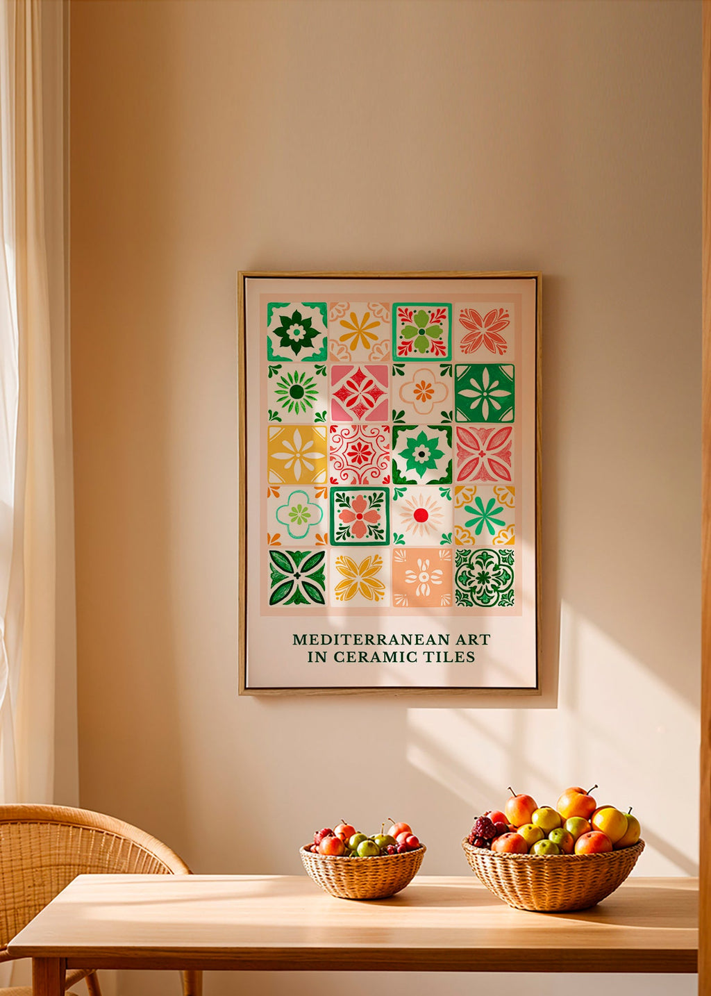Estampa botânica com motivos de azulejos mediterrâneos