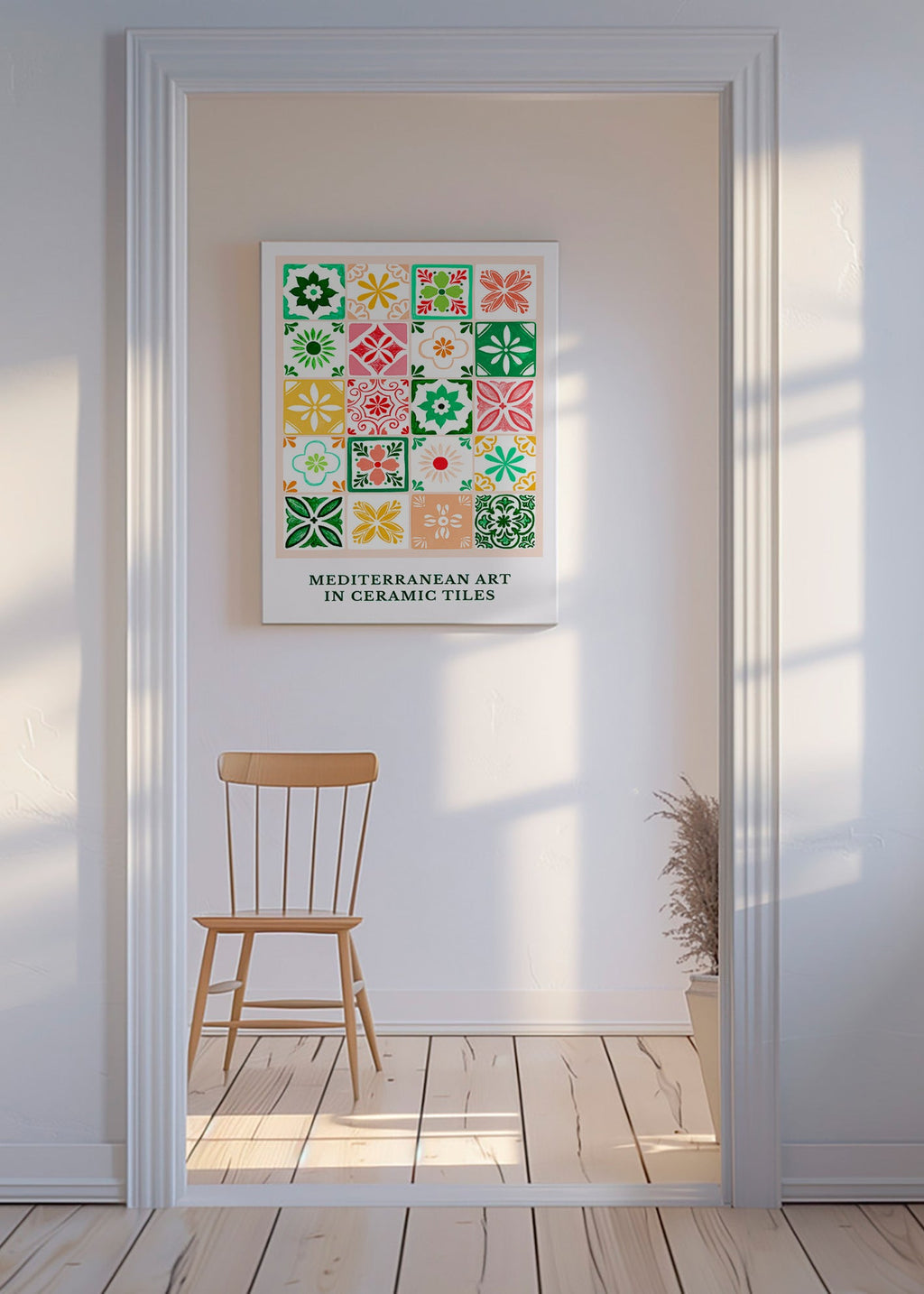 Estampa botânica com motivos de azulejos mediterrâneos