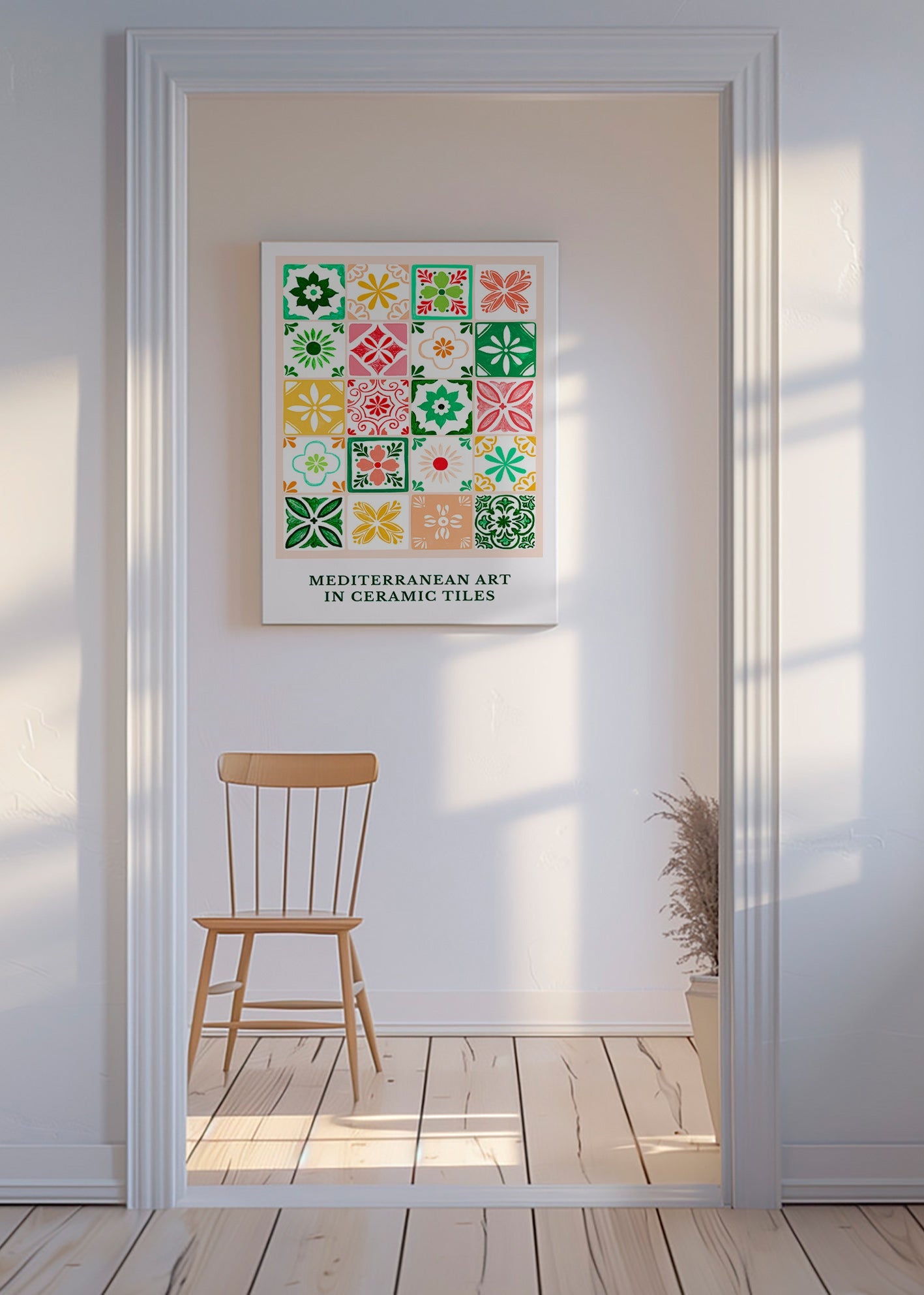 Estampa botânica com motivos de azulejos mediterrâneos