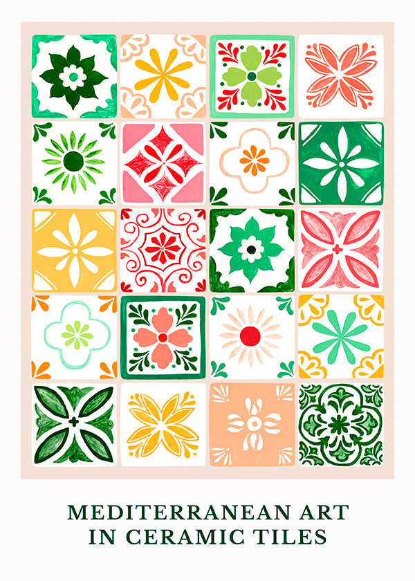 Estampa botânica com motivos de azulejos mediterrâneos