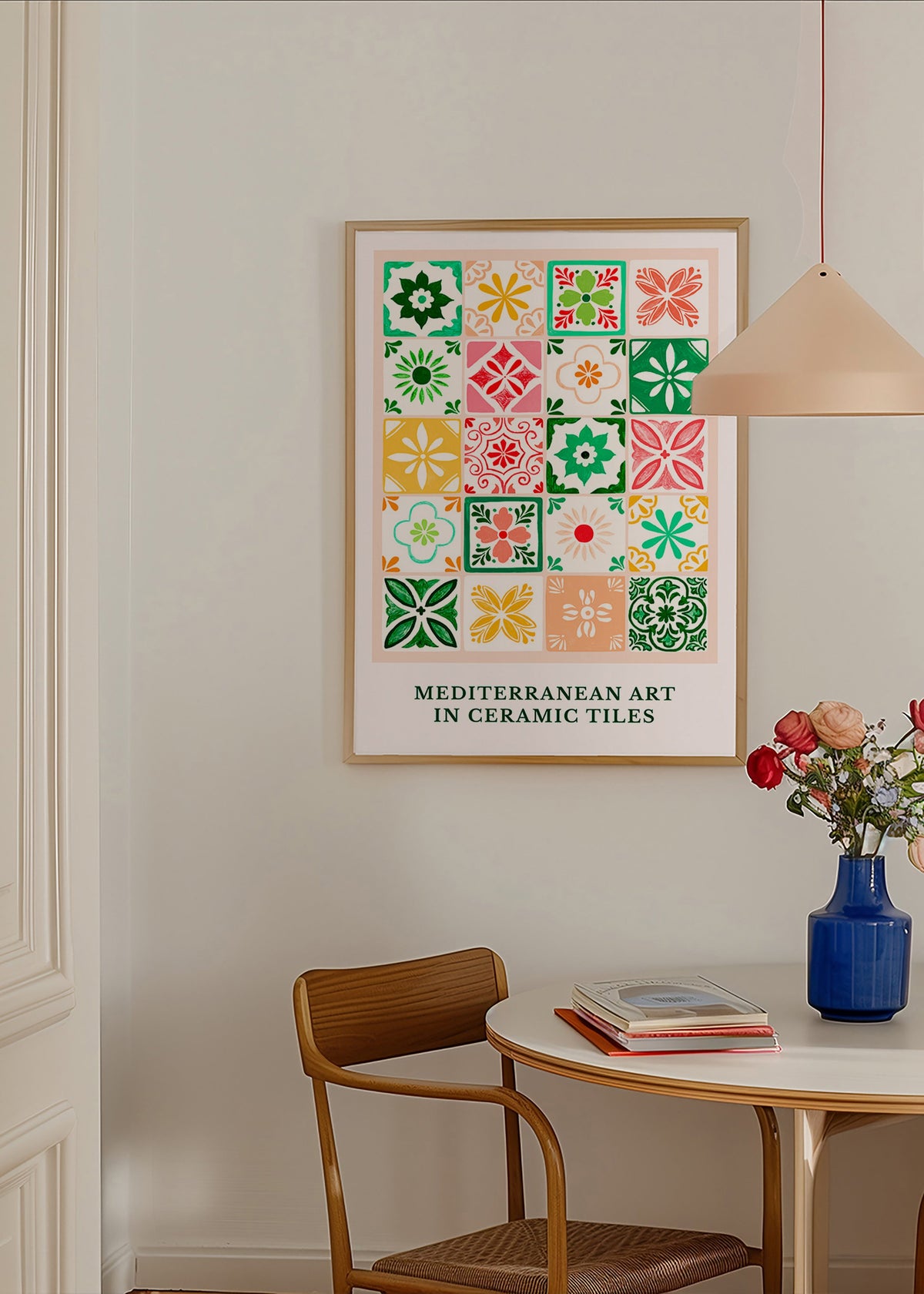 Estampa botânica com motivos de azulejos mediterrâneos