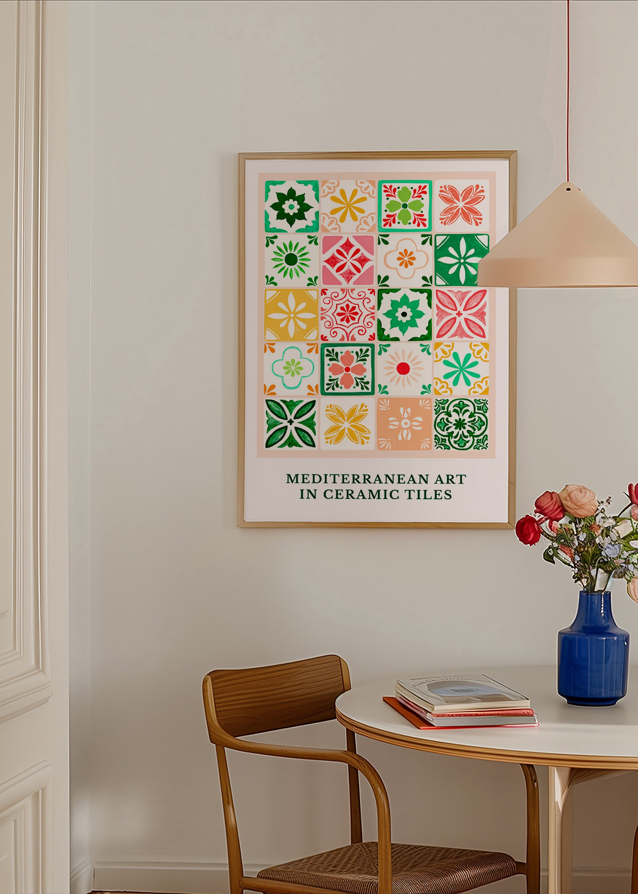 Estampa botânica com motivos de azulejos mediterrâneos
