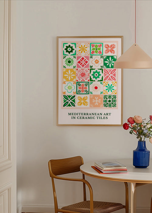 Estampa botânica com motivos de azulejos mediterrâneos
