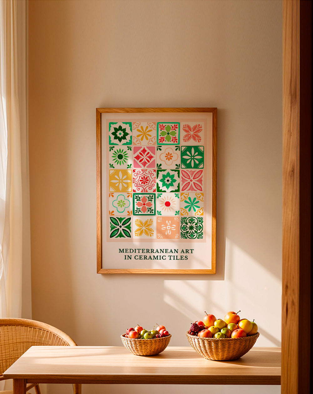Estampa botânica com motivos de azulejos mediterrâneos