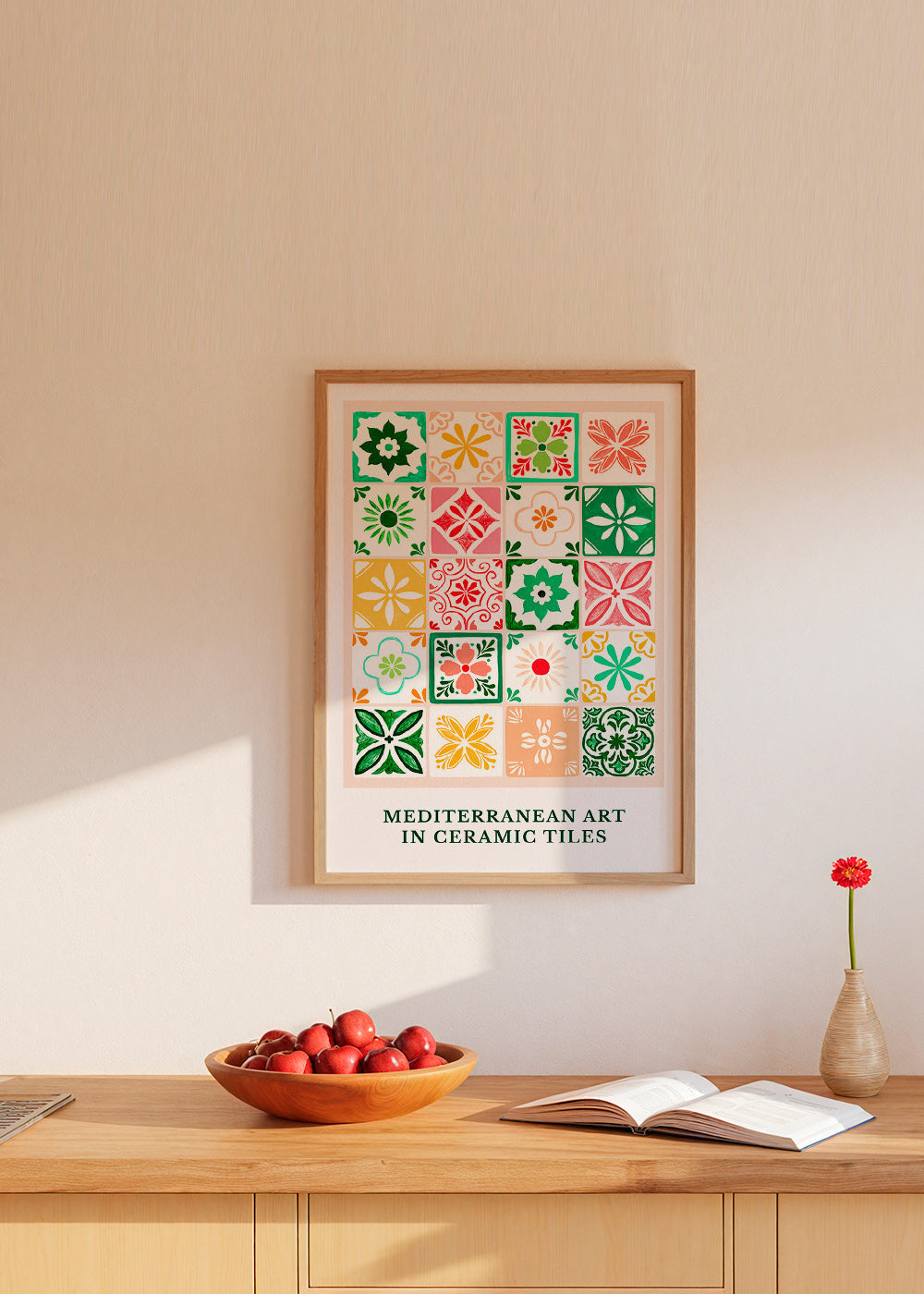Estampa botânica com motivos de azulejos mediterrâneos