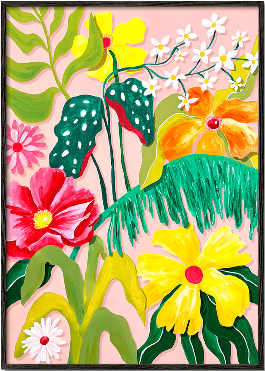 Estampa botânica com flores vibrantes