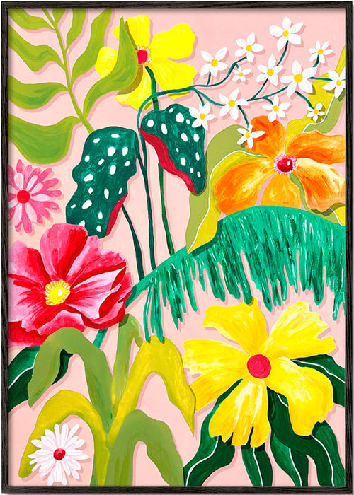 Estampa botânica com flores vibrantes