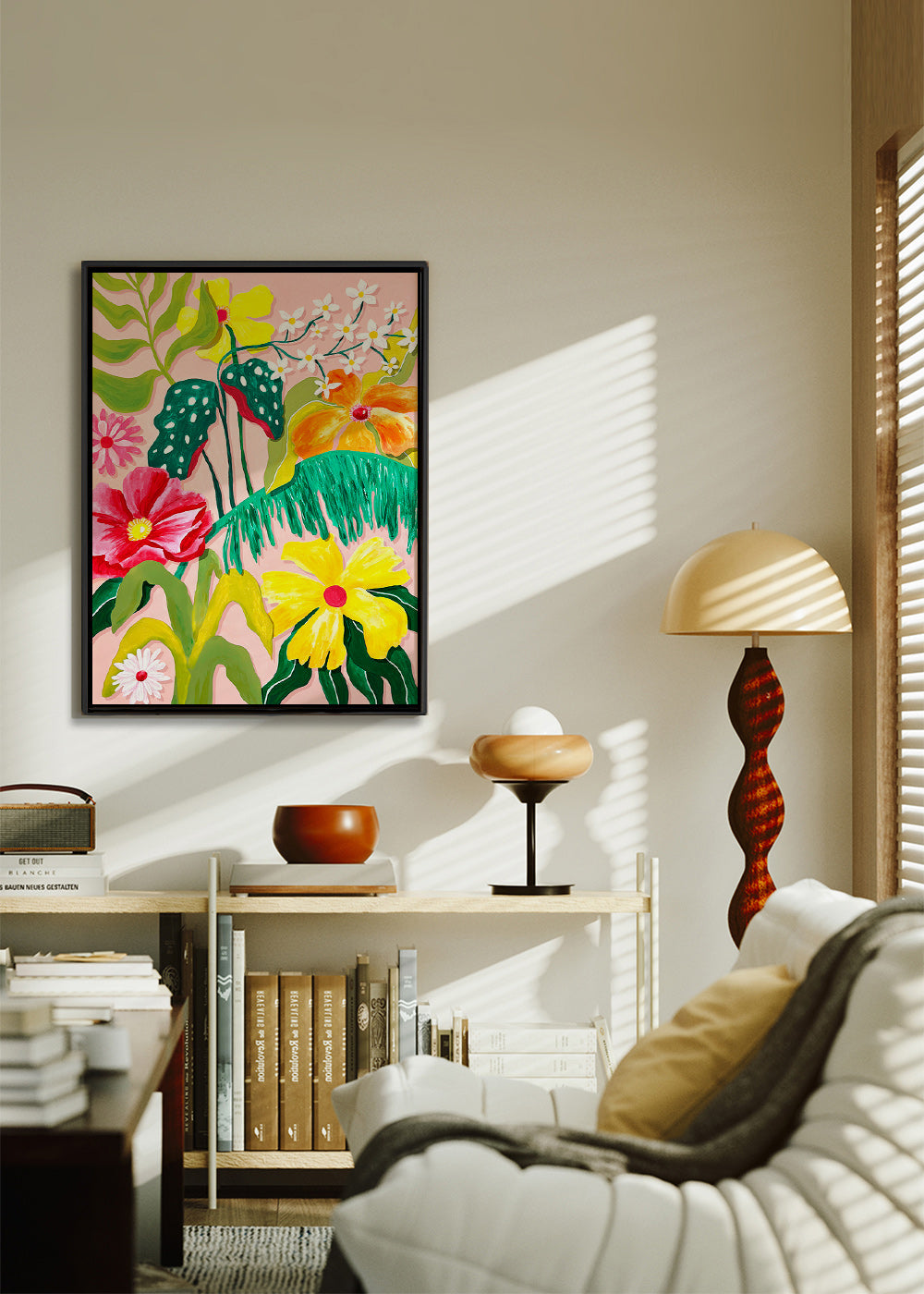 Estampa botânica com flores vibrantes