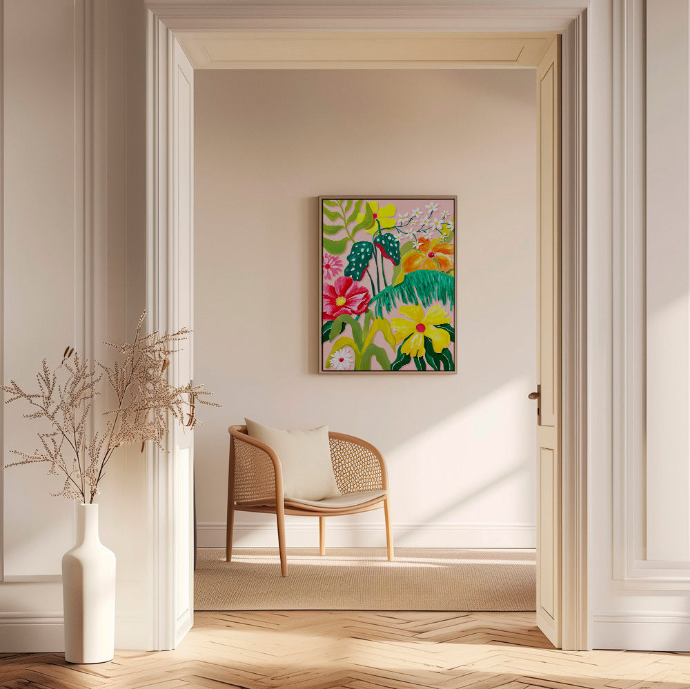 Estampa botânica com flores vibrantes
