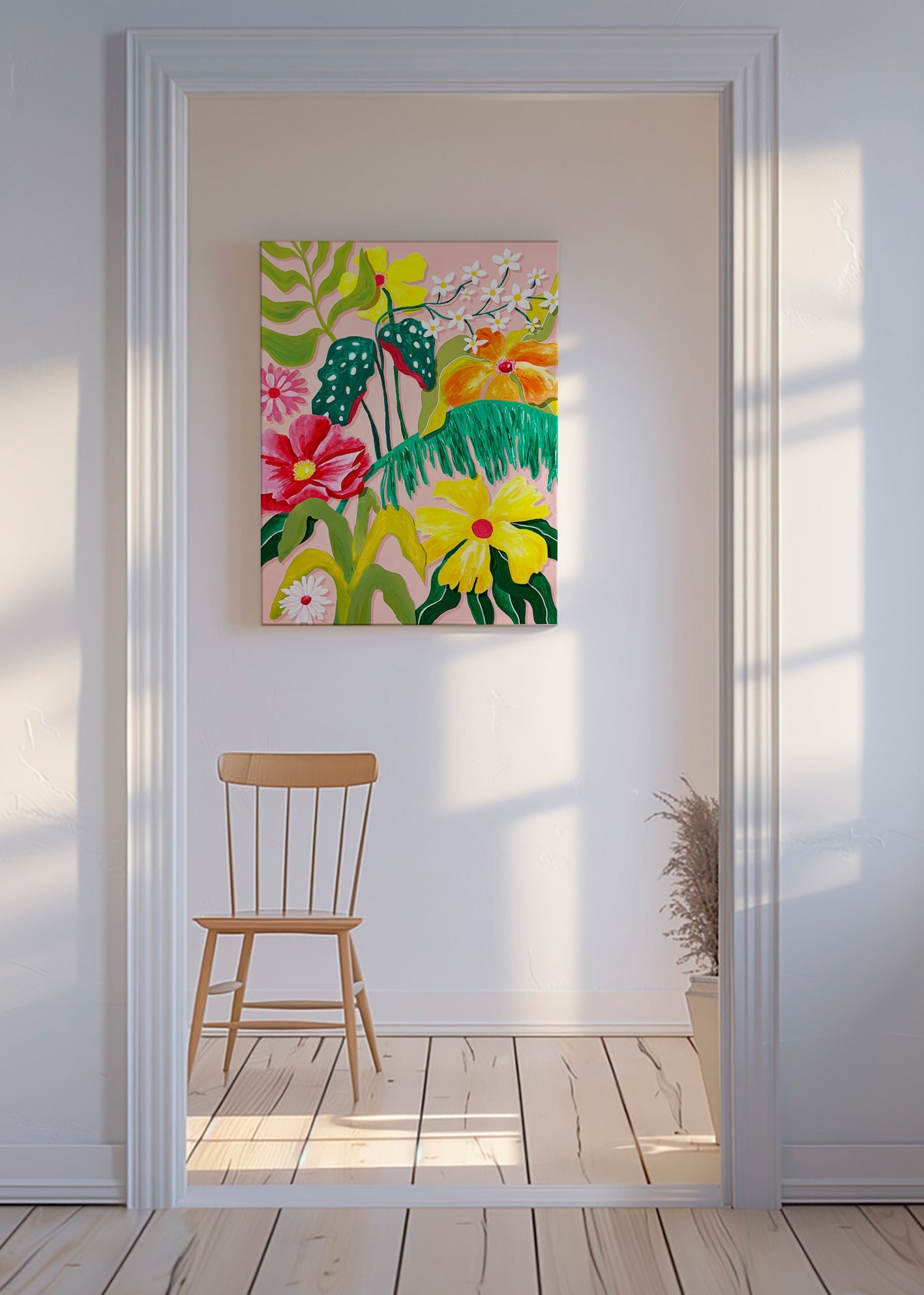 Estampa botânica com flores vibrantes