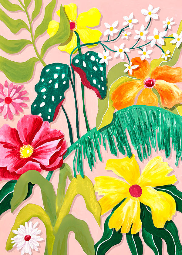 Estampa botânica com flores vibrantes