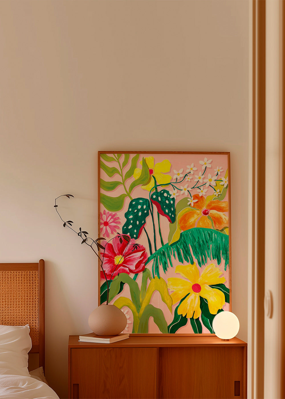 Estampa botânica com flores vibrantes