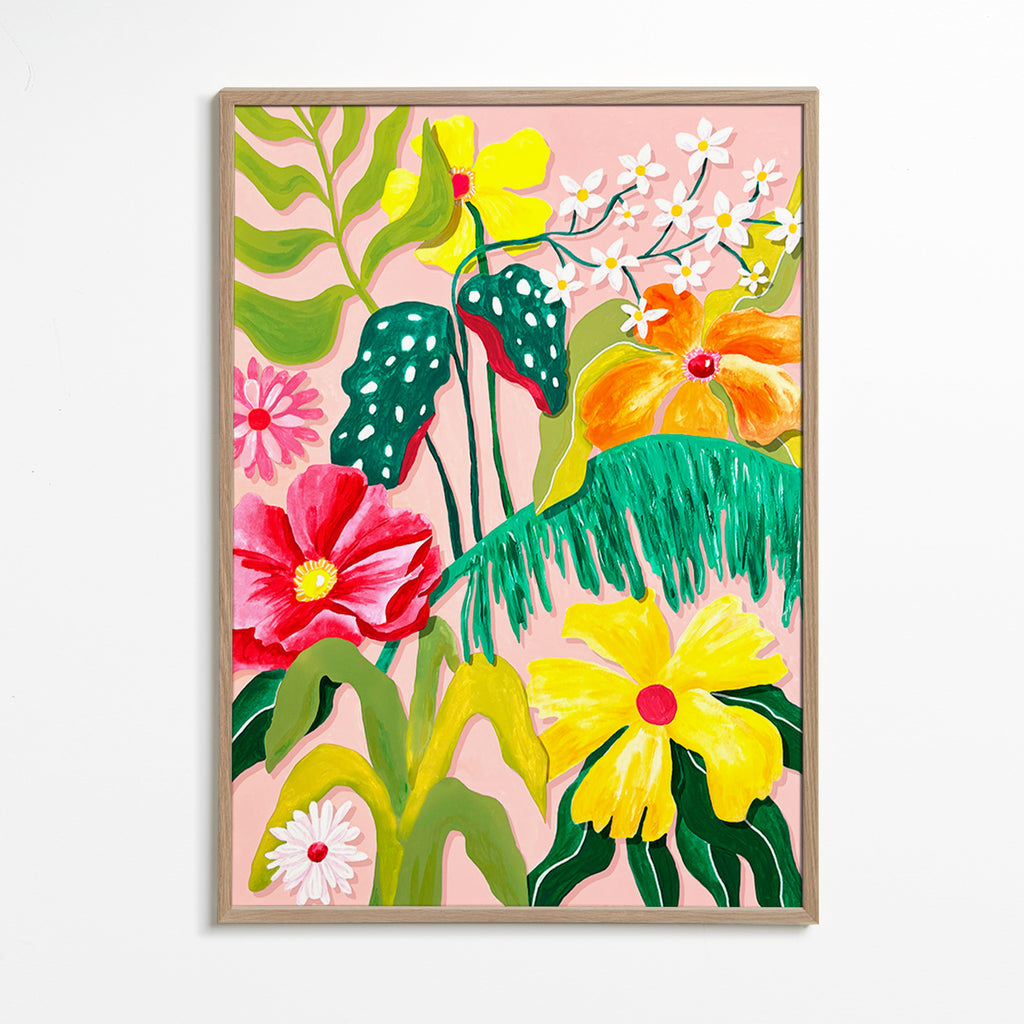 Estampa botânica com flores vibrantes