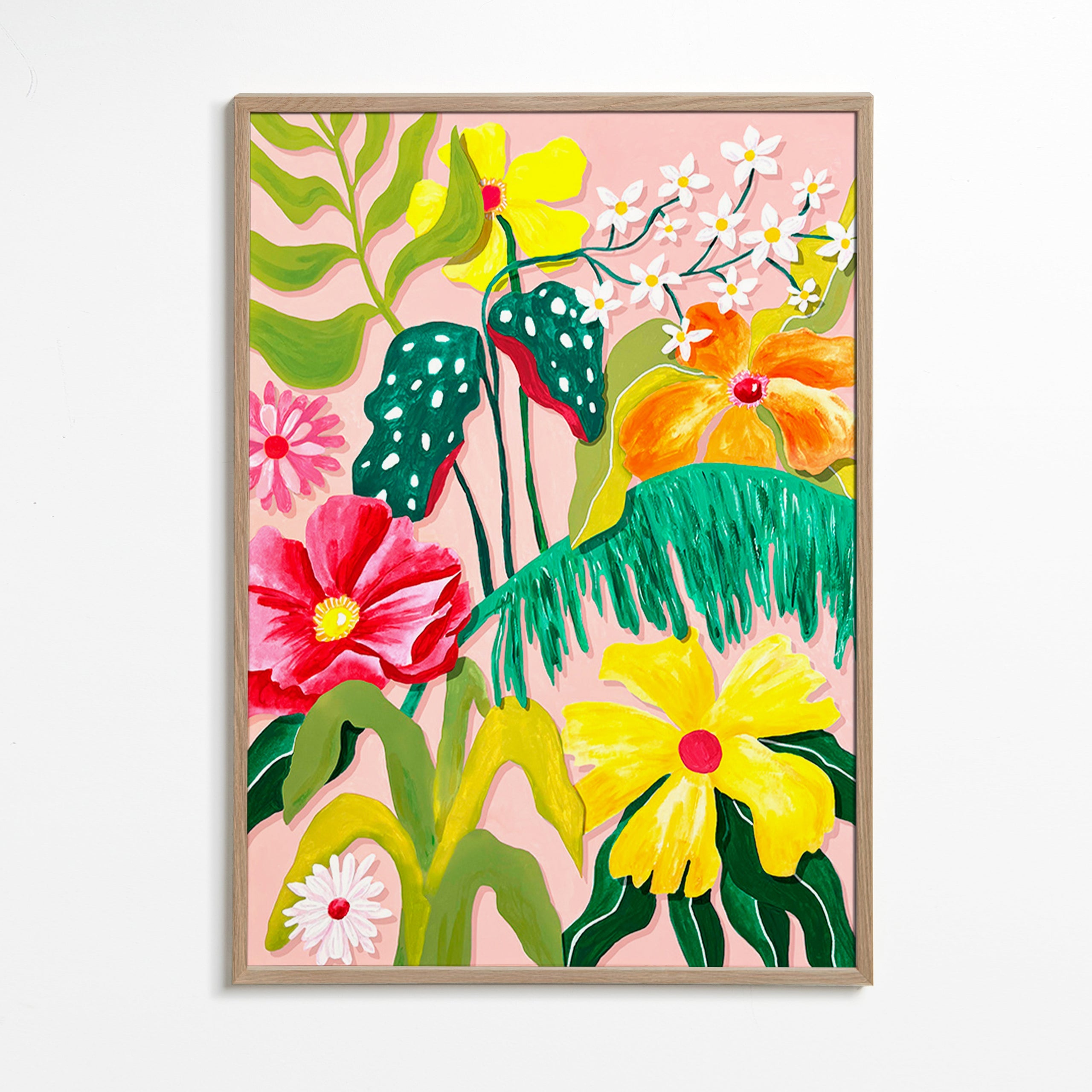 Estampa botânica com flores vibrantes