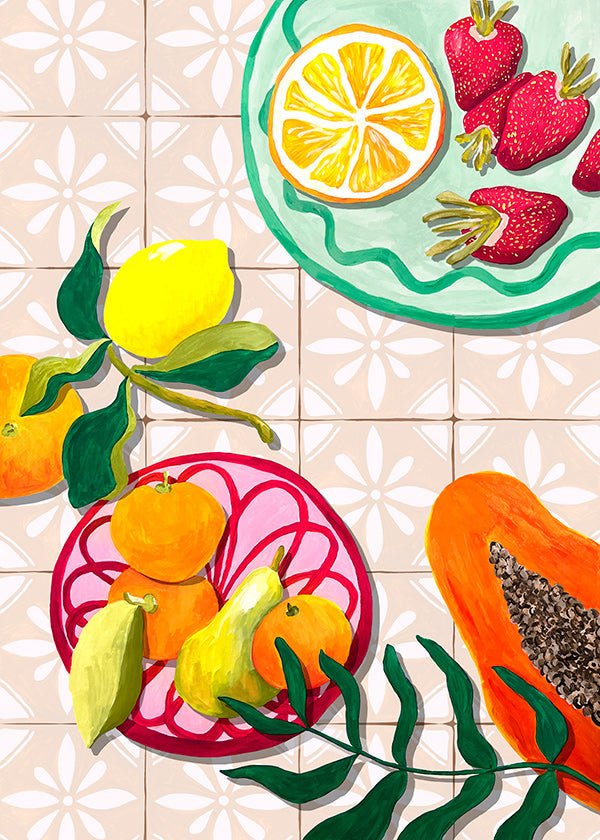 Arte para cozinha com frutas e cerâmica