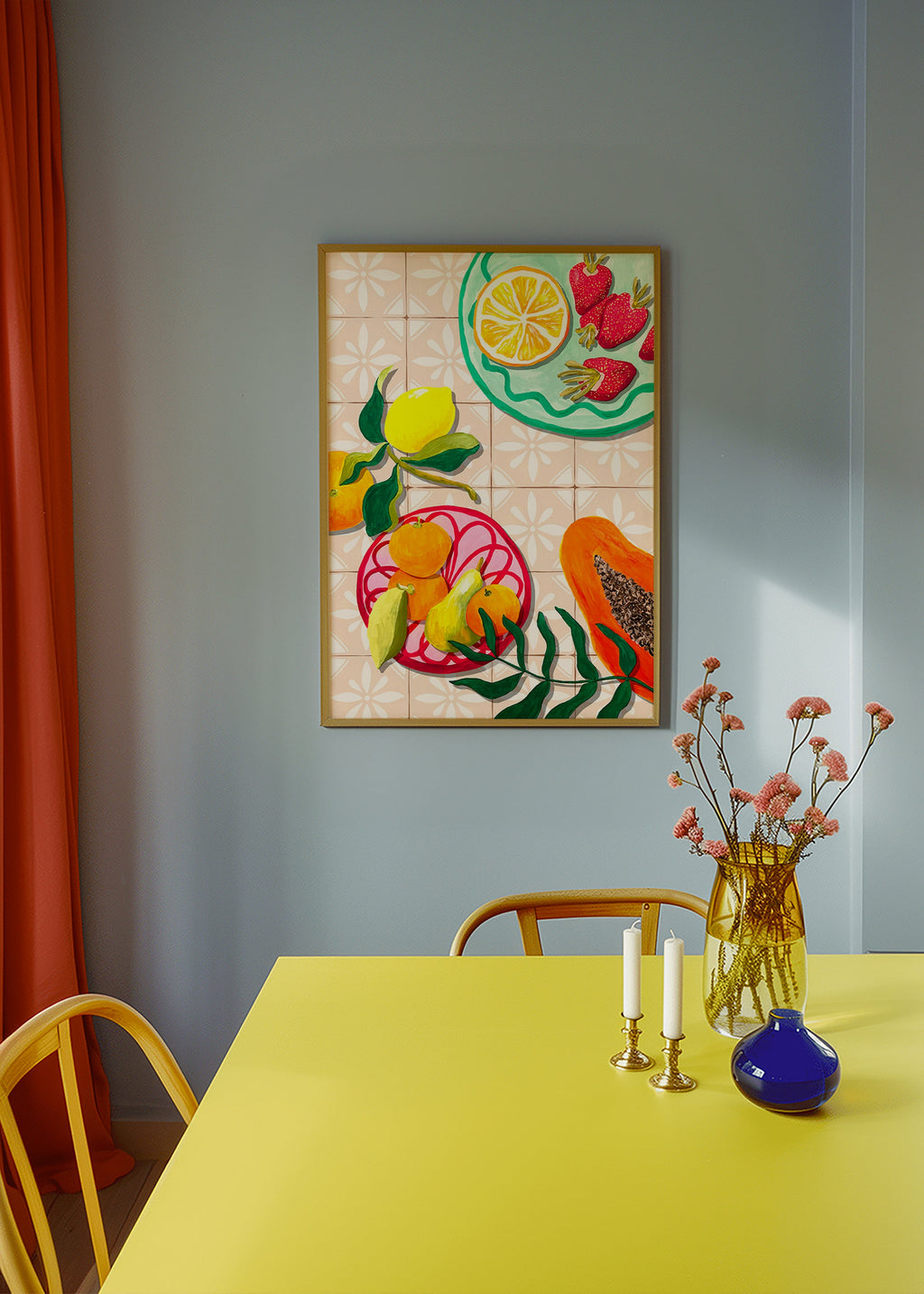 Arte para cozinha com frutas e cerâmica