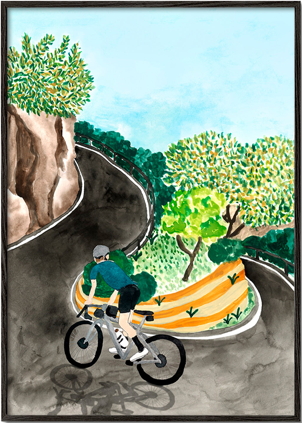 Quadro de paisagem com ciclista em curva montanhosa