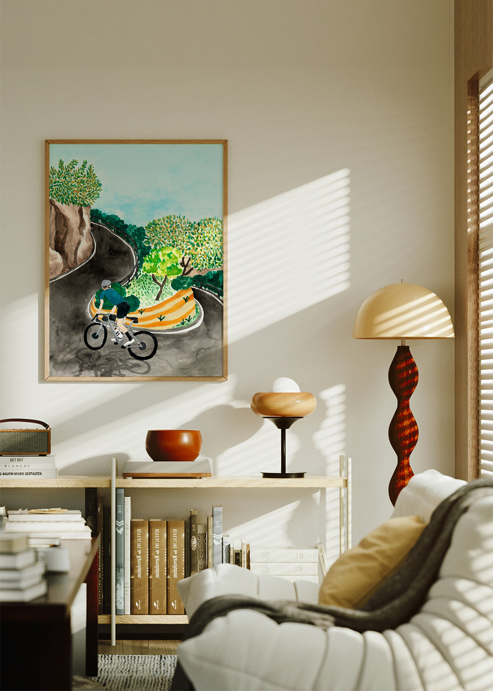 Quadro de paisagem com ciclista em curva montanhosa