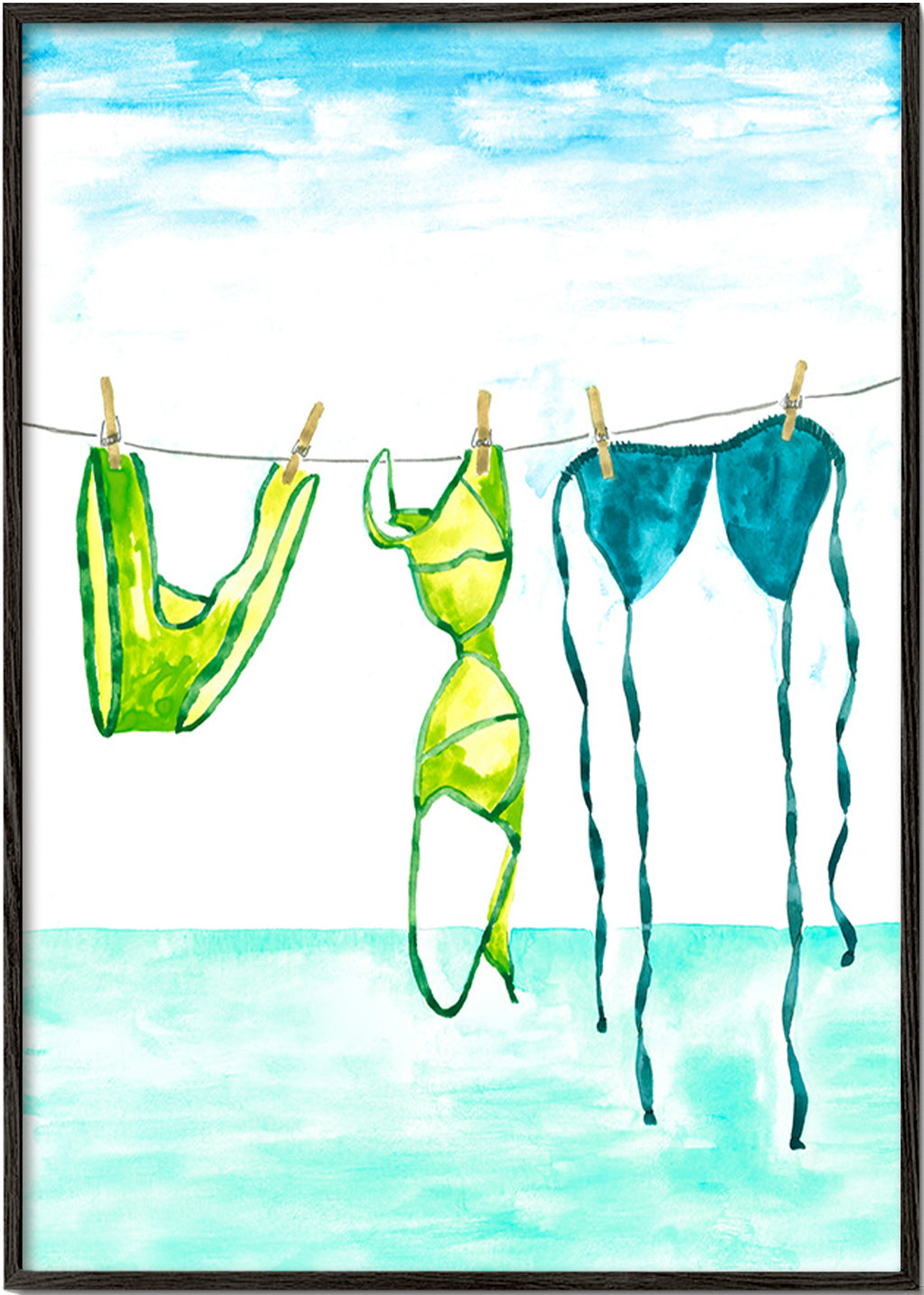 Ilustração de bikinis pendurados na praia