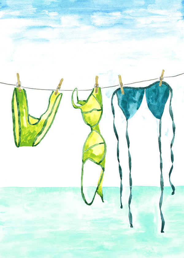 Ilustração de bikinis pendurados na praia