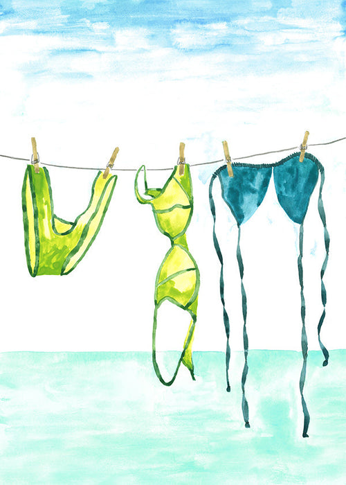 Ilustração de bikinis pendurados na praia