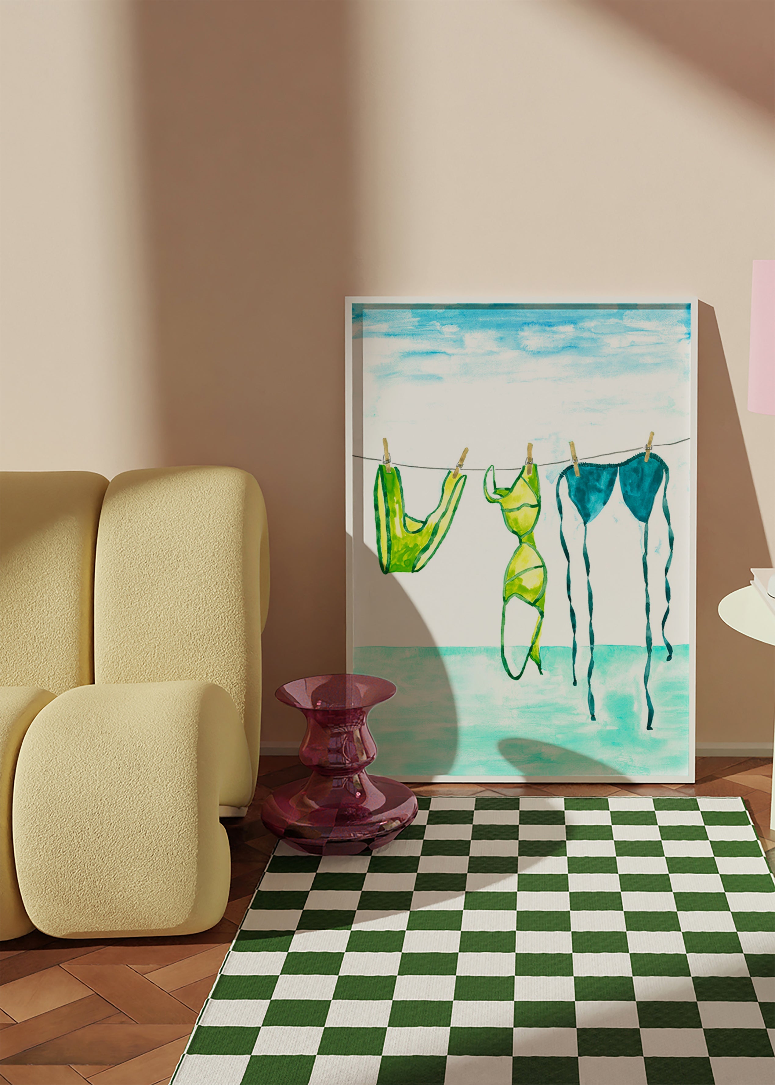 Ilustração de bikinis pendurados na praia