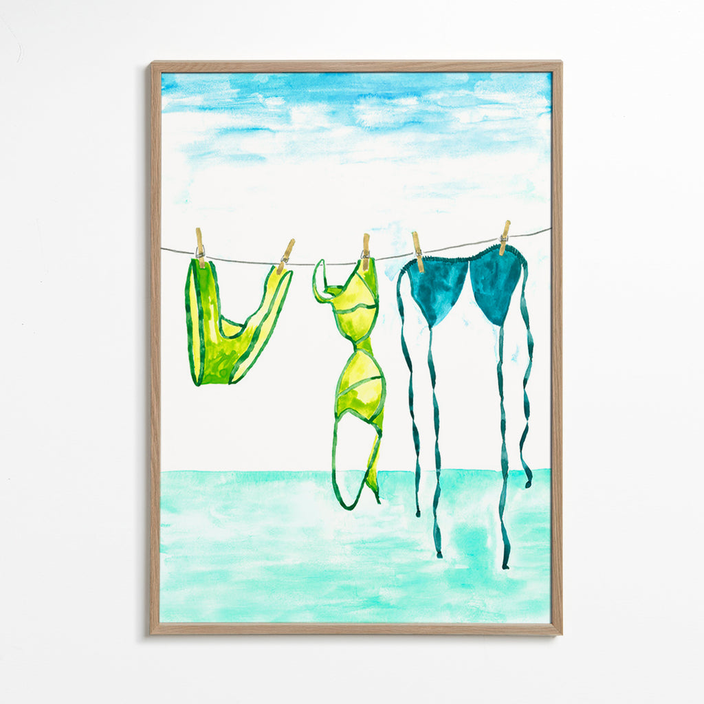 Ilustração de bikinis pendurados na praia