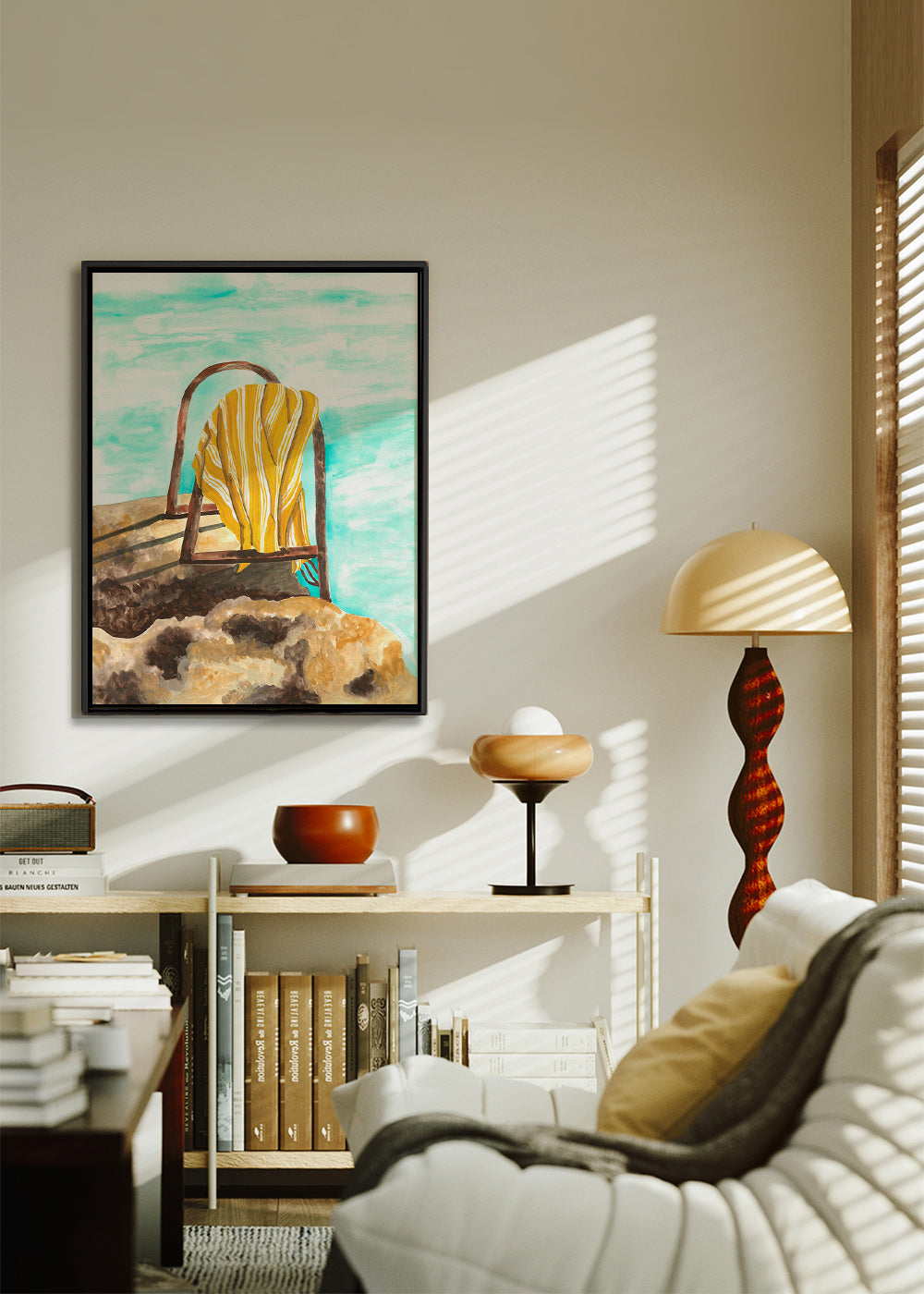 Quadro de paisagem com escada e toalha