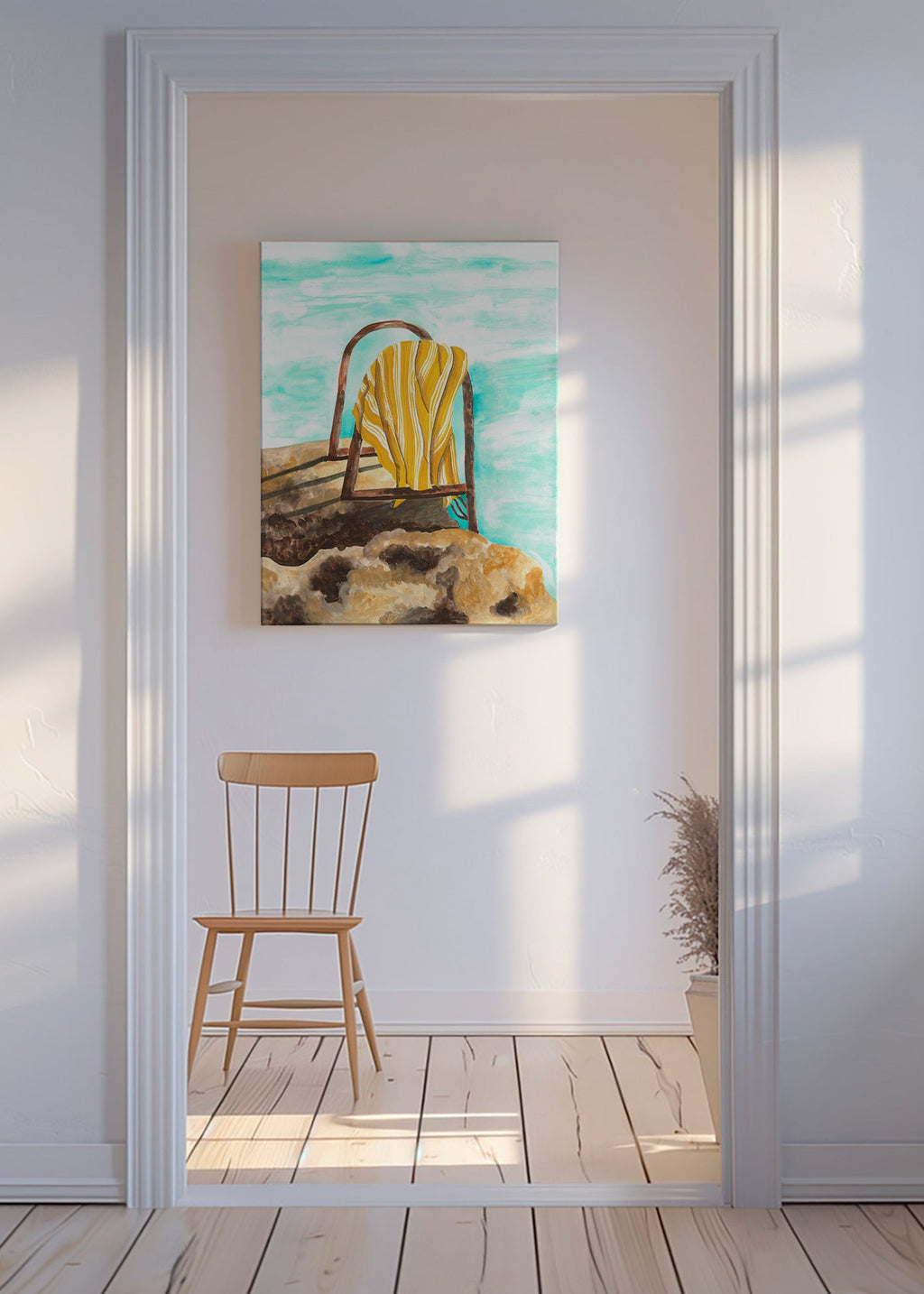 Quadro de paisagem com escada e toalha