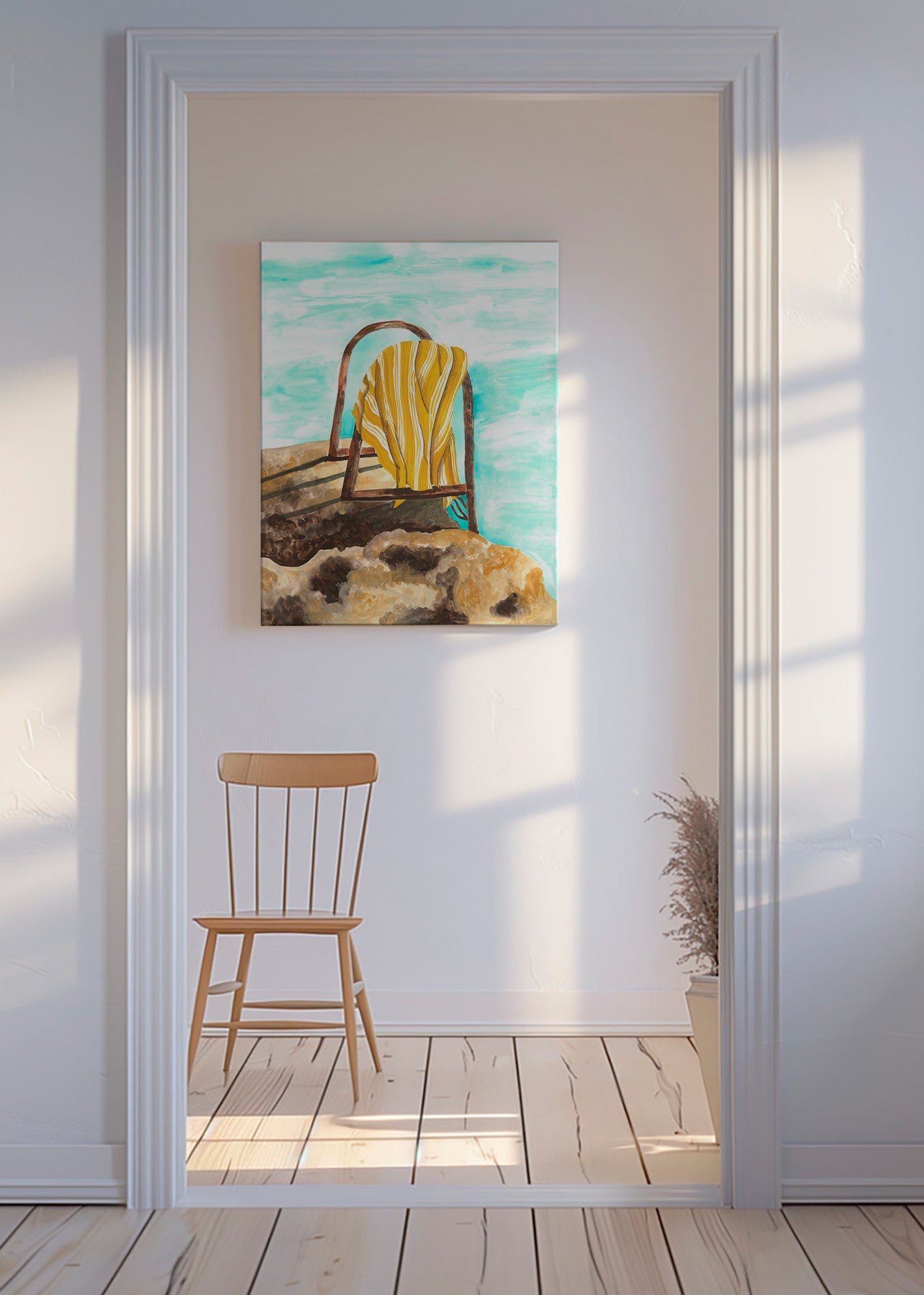 Quadro de paisagem com escada e toalha
