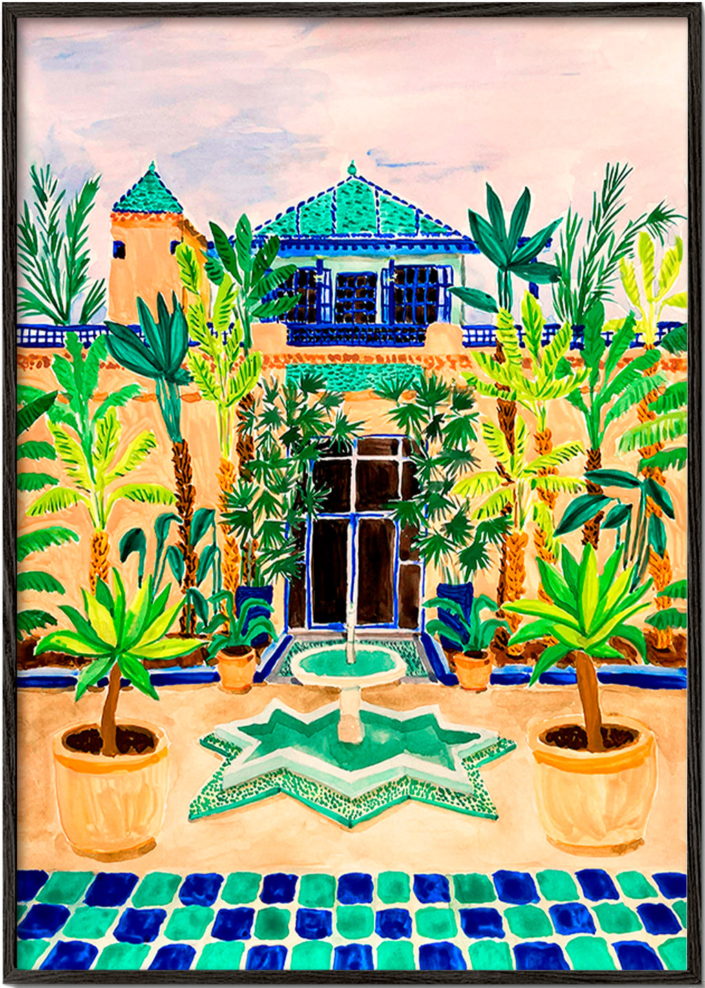 Estampa botânica Pátio com fonte e azulejos