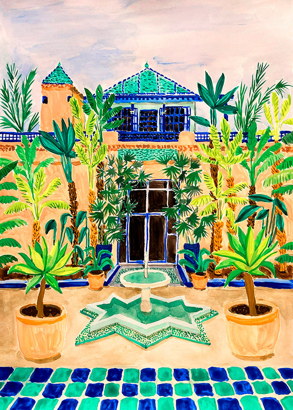 Estampa botânica Pátio com fonte e azulejos