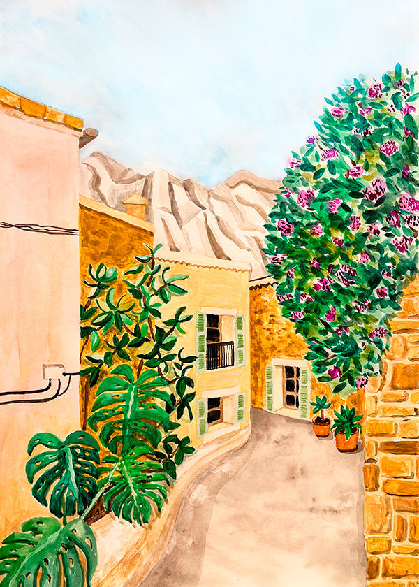 Arte paisagística: rua de aldeia mediterrânea