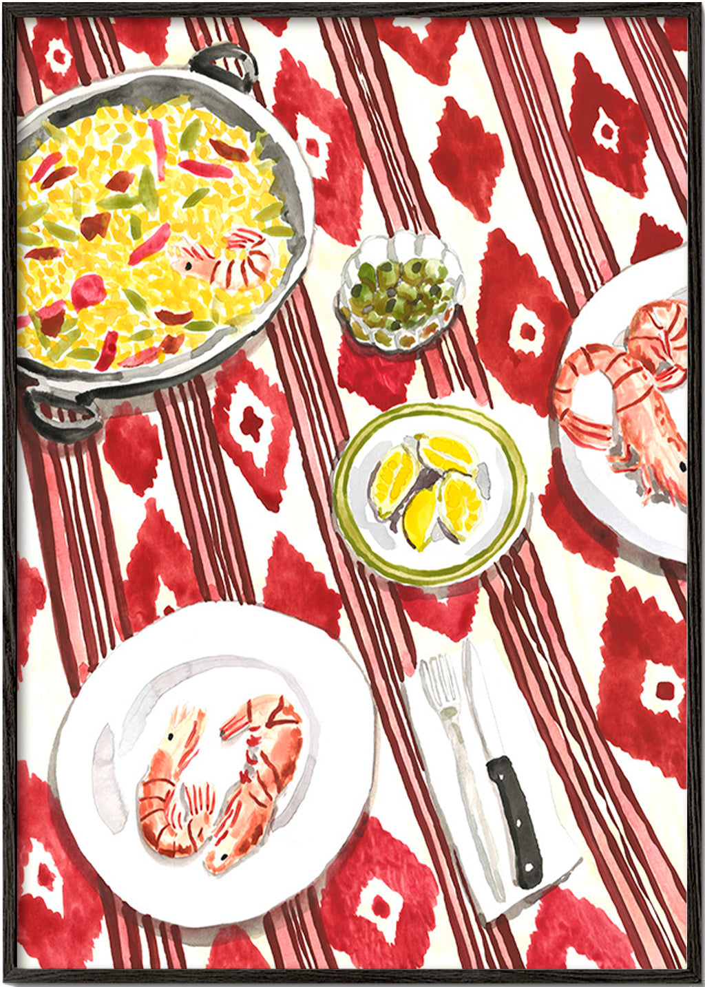 Arte para cozinha: paella e camarões sobre toalha estampada