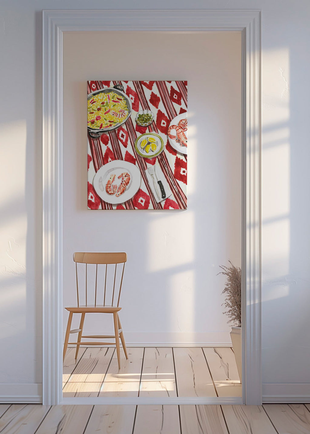 Arte para cozinha: paella e camarões sobre toalha estampada